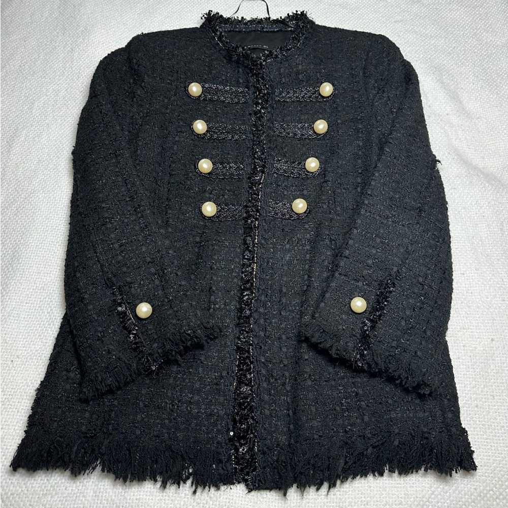 ZARA WOMAN Black Military Tweed Jacket w/ Pearl Buttons - Lined Open Front Sz M